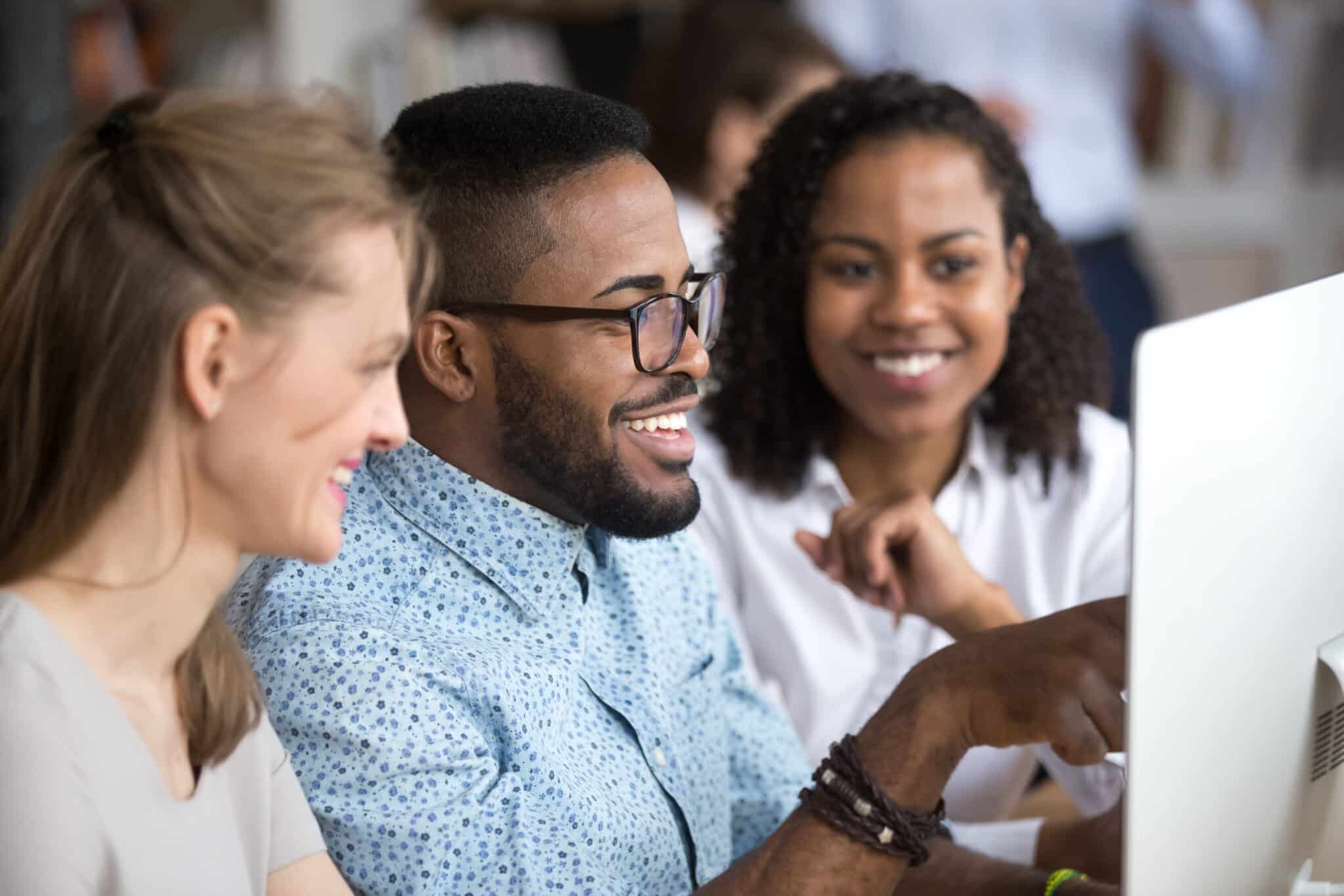 Smiling,African,Employee,Team,Leader,Explaining,Computer,Task,Online,Project