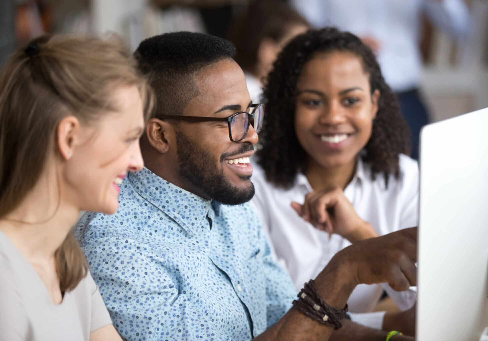 Smiling,African,Employee,Team,Leader,Explaining,Computer,Task,Online,Project
